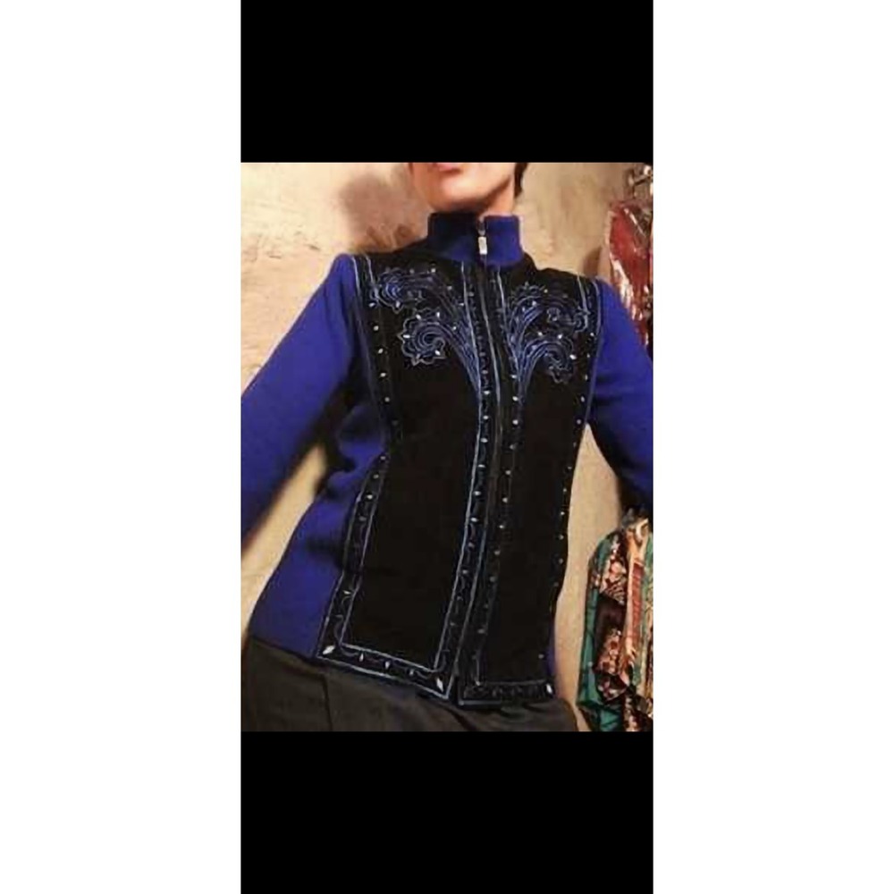 Vtg Bob Mackie Womens 1XL Sweater Jacket Blue Suede Leather Full Zip Lined